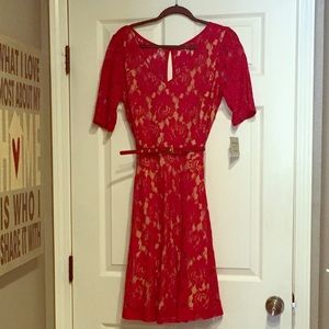 Sweet and classic fully lined red lace dress.